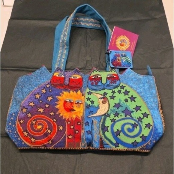 Laurel Burch Handbags - Laurel Burch Canvas Tote Bag Sun Moon Stars Celestial Cat Purse NWT Vintage